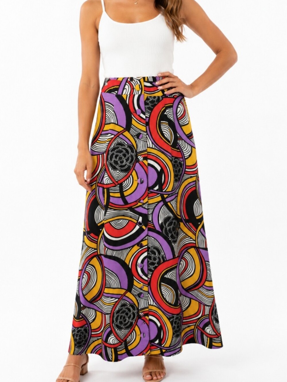 Vintage Hobnobber Medium High Rise Psychedelic Multi Color Button Up Maxi Skirt